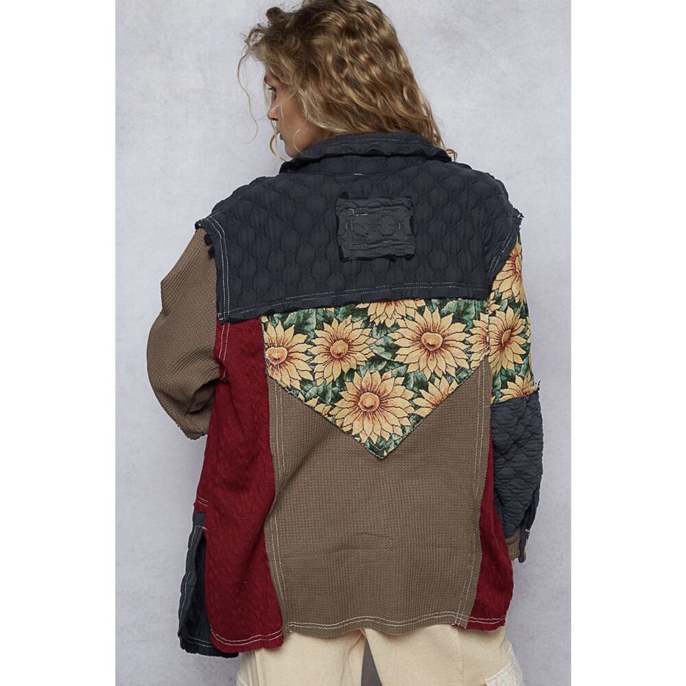 New! Pol Quilted jacquard charcoal jacket with Sunflower And Patchwork Large
